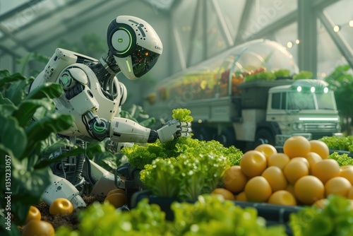 A Futuristic Robot Tending to a Greenhouse