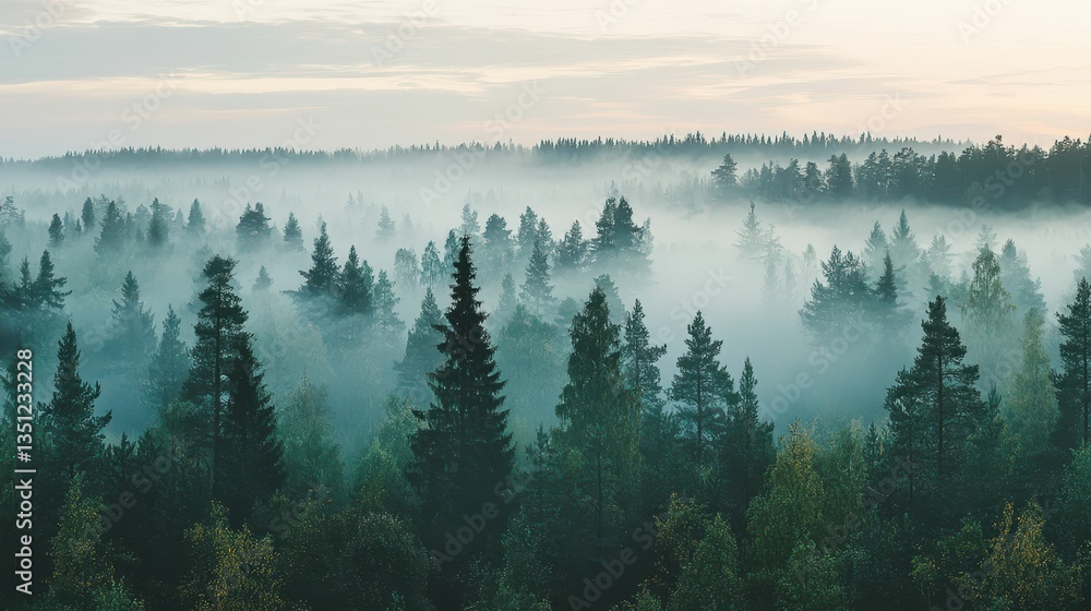 Obraz premium Panoramic View of Sweden's Vast Boreal Forest at Dawn in Mist