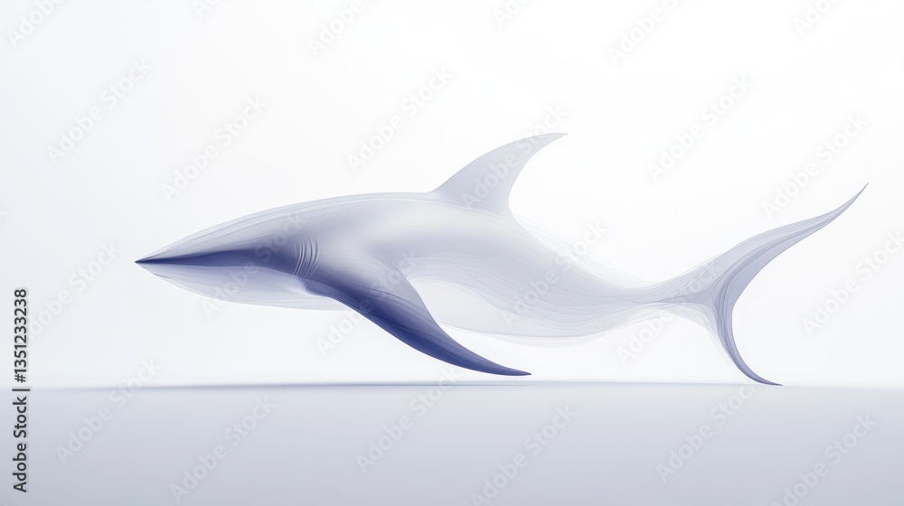 Fototapeta premium A stylized cartoon shark with sleek fins and a streamlined body, gracefully moving through an all-white minimalist background.