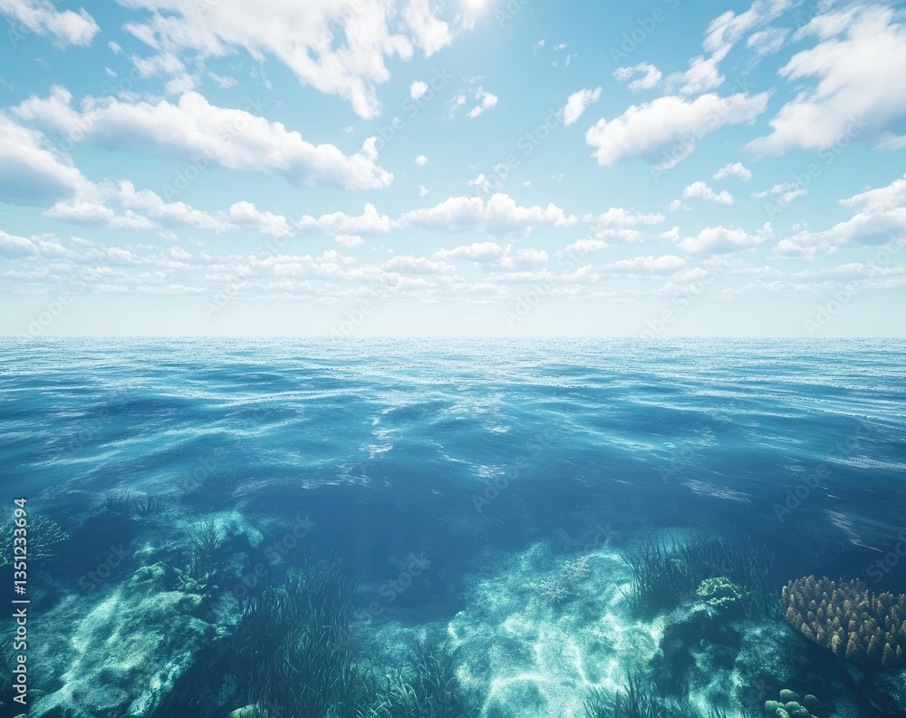Vast ocean expanse, serene and sunny. Coral reefs beneath the surface Vast ocean expanse, serene and sunny. Coral reefs beneath the surface