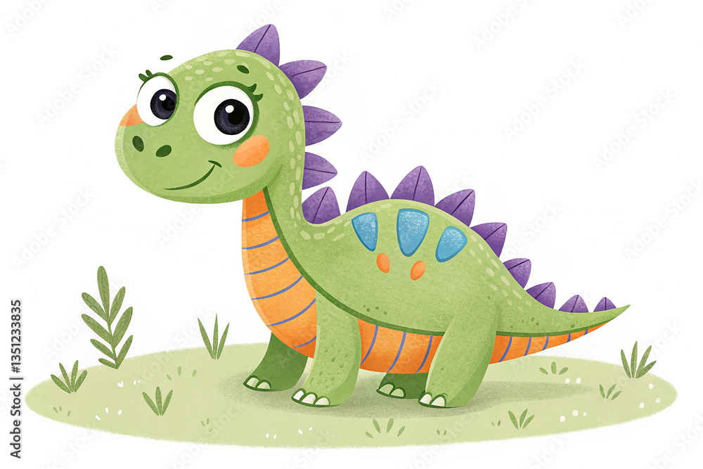 Fototapeta premium Cute Cartoon Dinosaur Illustration – Playful and Colorful Kids’ Art Design.