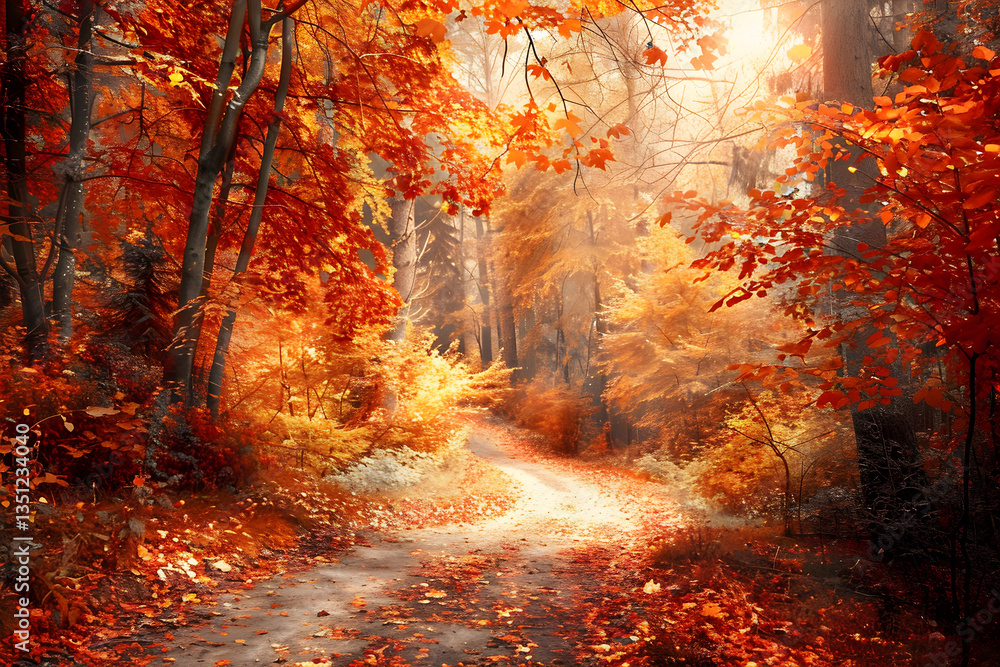 Serene Autumn Forest Pathway Bathed in Warm Sunlight and Vibrant Foliage Colors Serene Autumn Forest Pathway Bathed in Warm Sunlight and Vibrant Foliage Colors