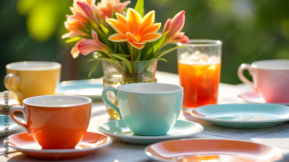 Tea table with colorful cups and saucers. Vibrant plates and ceramic bowls create an elegant summer table setting. The image should be sharp, vibrant, and detailed. Tea table with colorful cups and saucers. Vibrant plates and ceramic bowls create an elegant summer table setting. The image should be sharp, vibrant, and detailed.