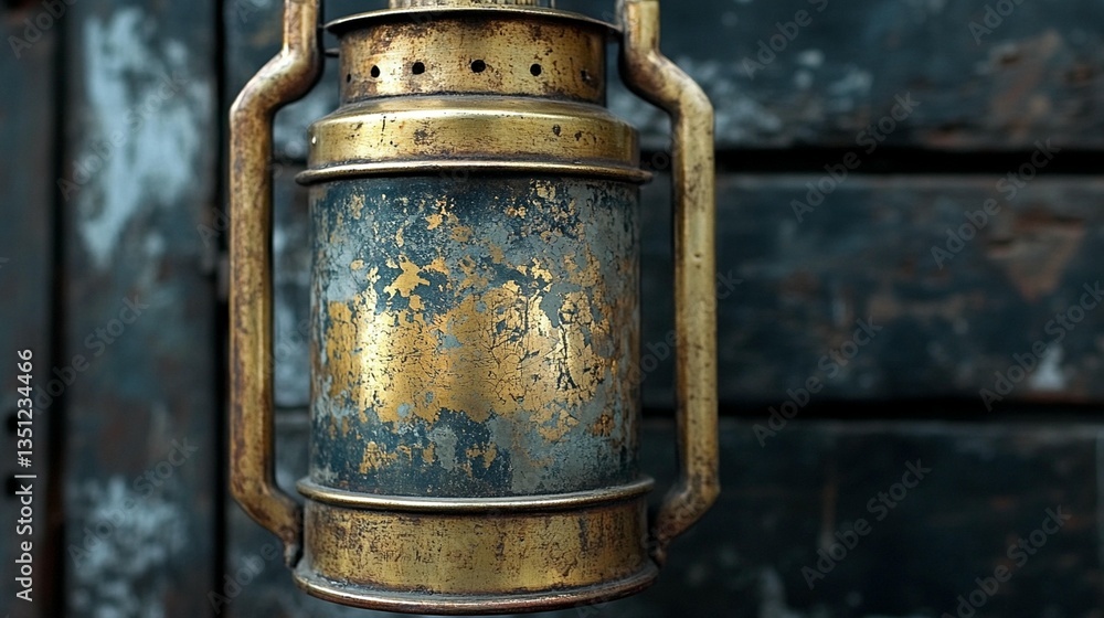 Close-up of a weathered brass lantern hanging against a dark, rustic wooden background. Close-up of a weathered brass lantern hanging against a dark, rustic wooden background.