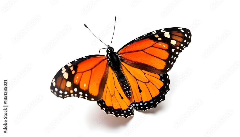 A monarch butterfly with vibrant orange wings outlined in black and dotted with white spots, set against a stark white background A monarch butterfly with vibrant orange wings outlined in black and dotted with white spots, set against a stark white background