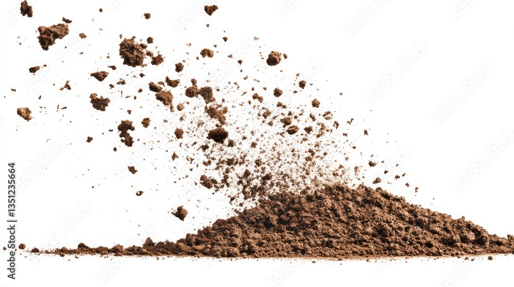 A dynamic explosion of brown soil particles rising against a white background, ideal for agricultural or nature themes