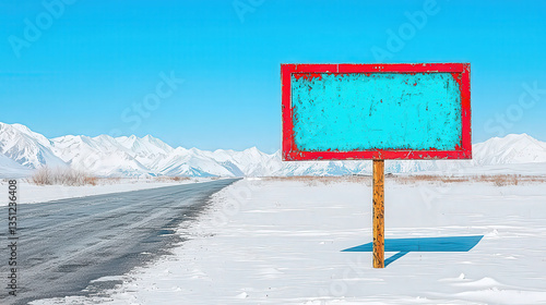 A freestanding billboard in an open Arctic landscape, snow-covered surroundings, bright clear sky, Antarctica-inspired