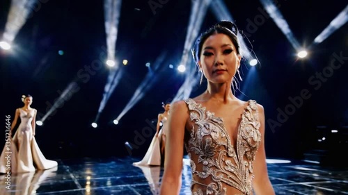 Elegant Walk: A stunning young woman in a glamorous gown confidently walks the runway, capturing the elegance and beauty.