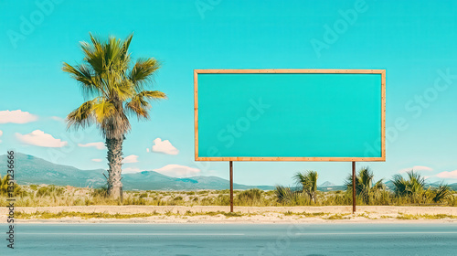 Advertising billboard mockup placed near a beach, blue sky, palm trees, perfect vacation vibe 