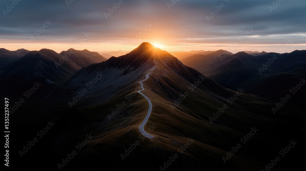 Fototapeta premium Dramatic mountain landscape at sunrise. Winding road ascends a peak, bathed in golden light