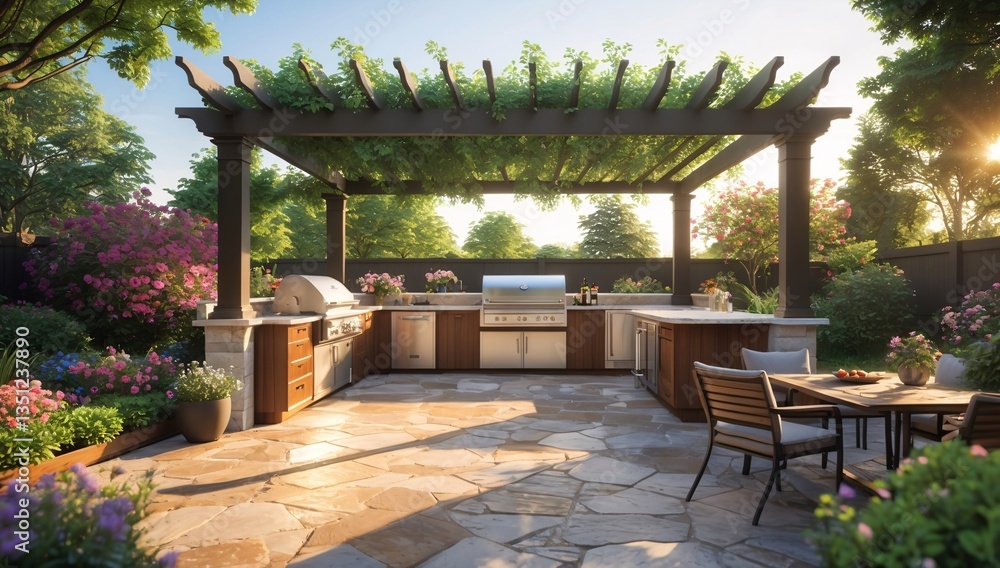 An elegant outdoor kitchen with a pergola, surrounded by lush greenery and blooming flowers, perfect for entertaining guests. An elegant outdoor kitchen with a pergola, surrounded by lush greenery and blooming flowers, perfect for entertaining guests.