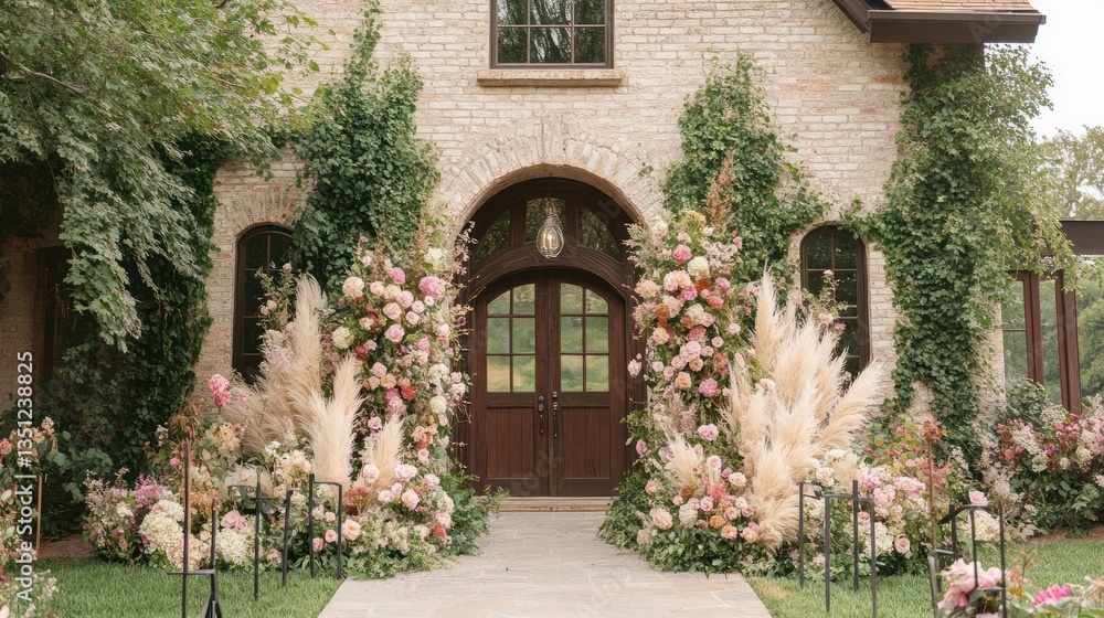 Obraz premium Bohemian-inspired flower entrance with pampas grass and soft pastel blooms