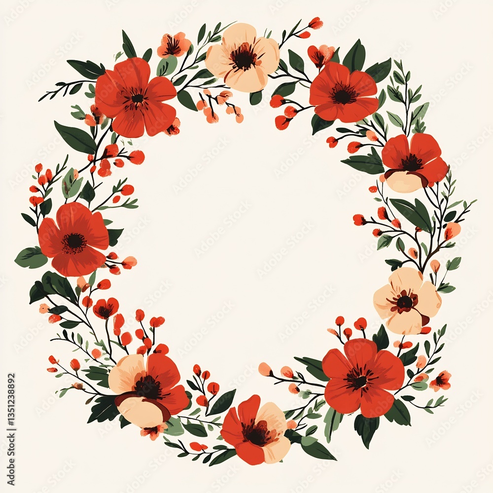 Red and peach floral wreath, design element, invitation template Red and peach floral wreath, design element, invitation template