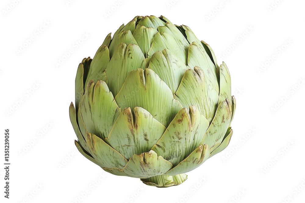 Obraz premium Single fresh green artichoke with detailed texture isolated on white transparent background. Concept of healthy eating, organic food, and vegetarian diet