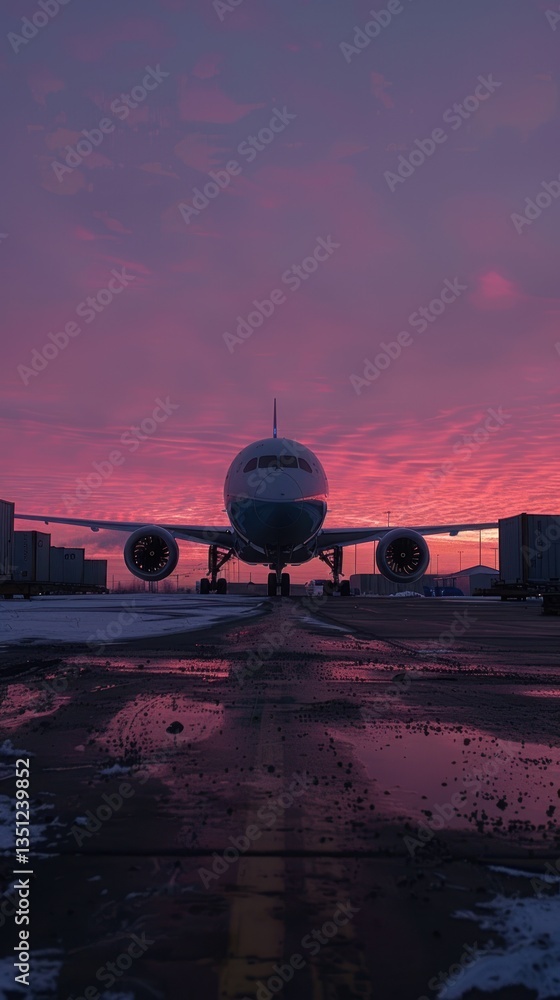 Obraz premium Jetliner on Runway at Sunset, Cargo in Background
