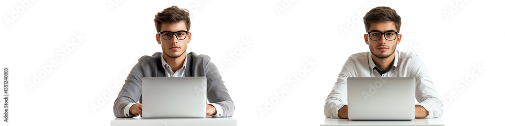 set of A glasses-wearing leader, entrepreneur, working on a laptop, unveiling a new plan, a busy young entrepreneur, on a transparent backgrounds set of A glasses-wearing leader, entrepreneur, working on a laptop, unveiling a new plan, a busy young entrepreneur, on a transparent backgrounds