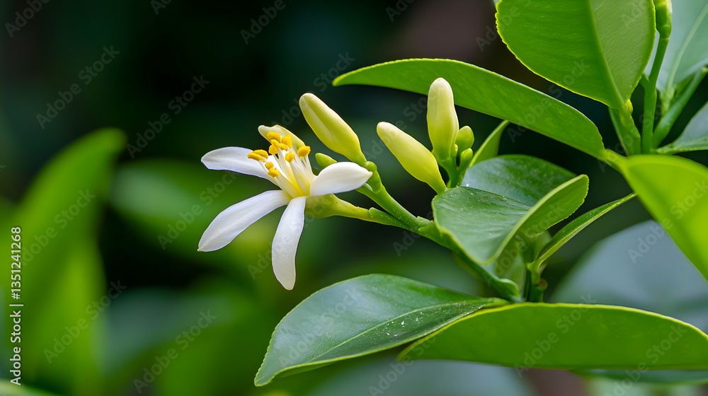 Obraz premium Blooming citrus flower close-up, green leaves background, spring blossom, nature photography, stock image