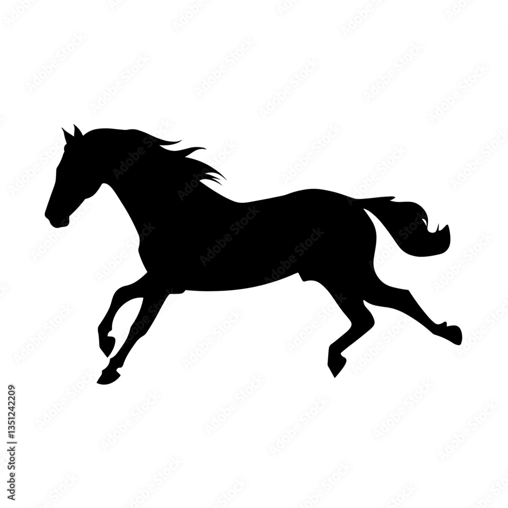 Elegant black horse silhouette running, isolated on a clean white background, perfect for graphic design and print. Elegant black horse silhouette running, isolated on a clean white background, perfect for graphic design and print.
