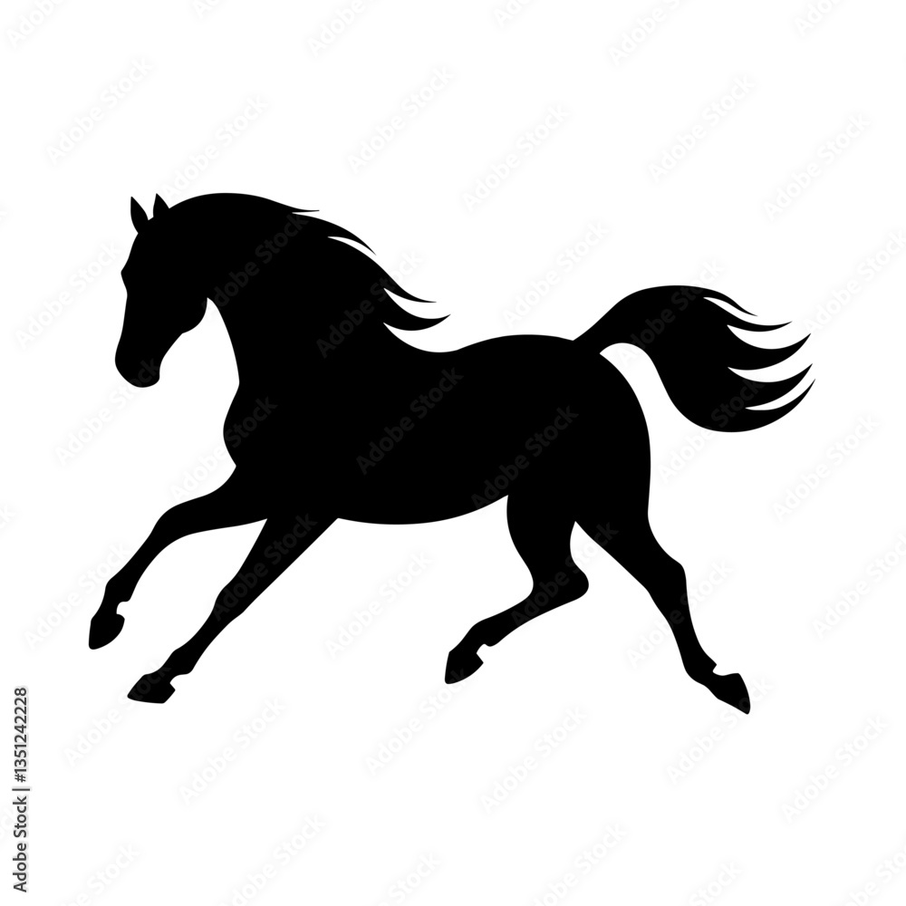 Elegant black horse silhouette running, isolated on a clean white background, perfect for graphic design and print. Elegant black horse silhouette running, isolated on a clean white background, perfect for graphic design and print.