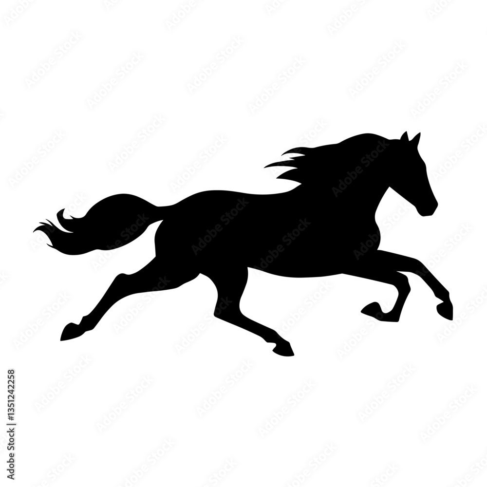 Elegant black horse silhouette running, isolated on a clean white background, perfect for graphic design and print. Elegant black horse silhouette running, isolated on a clean white background, perfect for graphic design and print.