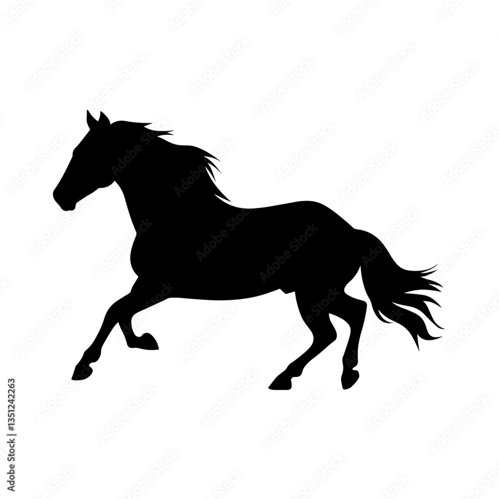 Elegant black horse silhouette running, isolated on a clean white background, perfect for graphic design and print. Elegant black horse silhouette running, isolated on a clean white background, perfect for graphic design and print.