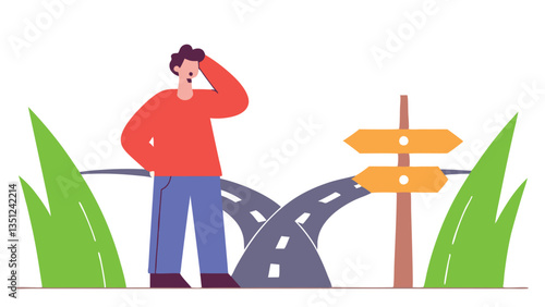 Confused person standing at a three-way road intersection with large arrows, symbolizing decision-making, choices, uncertainty, and future direction in a minimal flat illustration style
