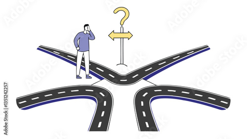 Confused person standing at a three-way road intersection with large arrows, symbolizing decision-making, choices, uncertainty, and future direction in a minimal flat illustration style
