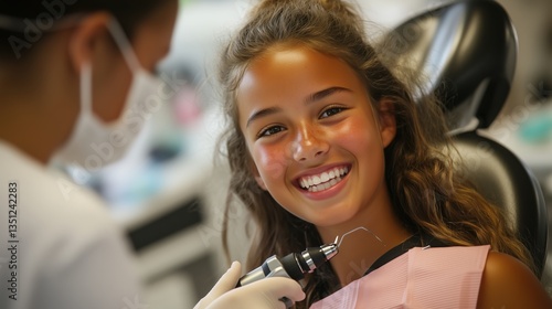 Young girl smiling while dentist is holding dental equipment