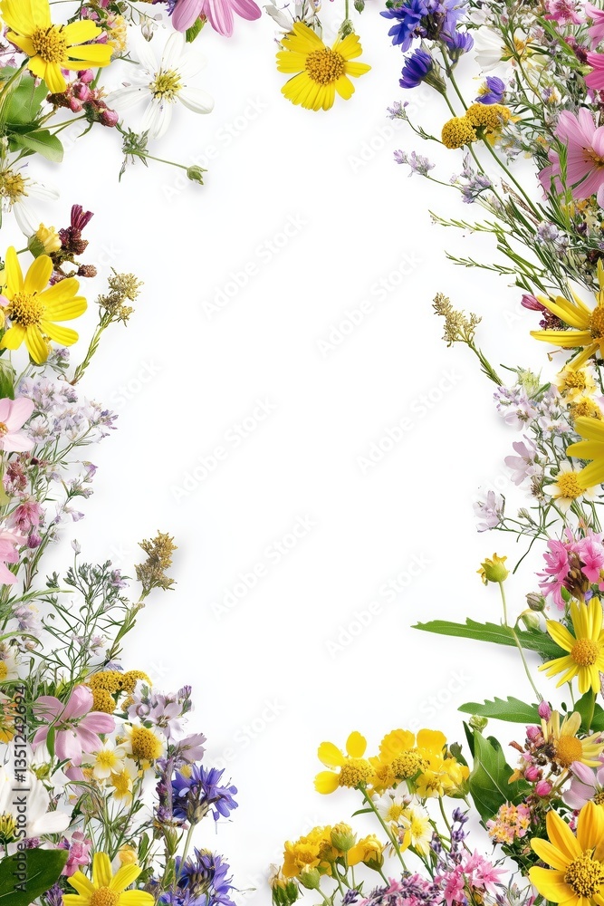 Colorful meadow flowers in A4 botanical layout on clean soft background Colorful meadow flowers in A4 botanical layout on clean soft background