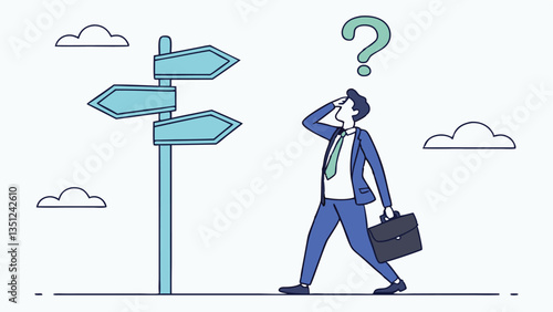 Confused person standing at a three-way road intersection with large arrows, symbolizing decision-making, choices, uncertainty, and future direction in a minimal flat illustration style
