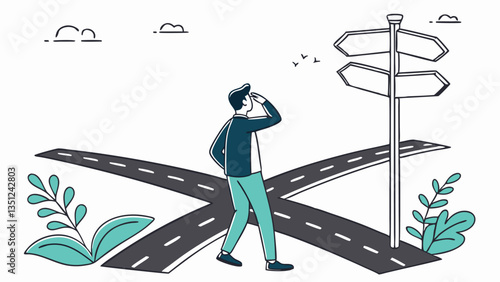 Confused person standing at a three-way road intersection with large arrows, symbolizing decision-making, choices, uncertainty, and future direction in a minimal flat illustration style
