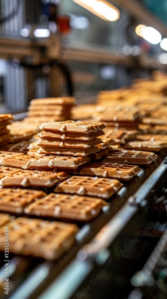 Waffle production line in a factory Waffle production line in a factory