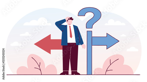 Confused person standing at a three-way road intersection with large arrows, symbolizing decision-making, choices, uncertainty, and future direction in a minimal flat illustration style
