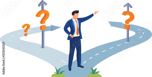 Confused person standing at a three-way road intersection with large arrows, symbolizing decision-making, choices, uncertainty, and future direction in a minimal flat illustration style
