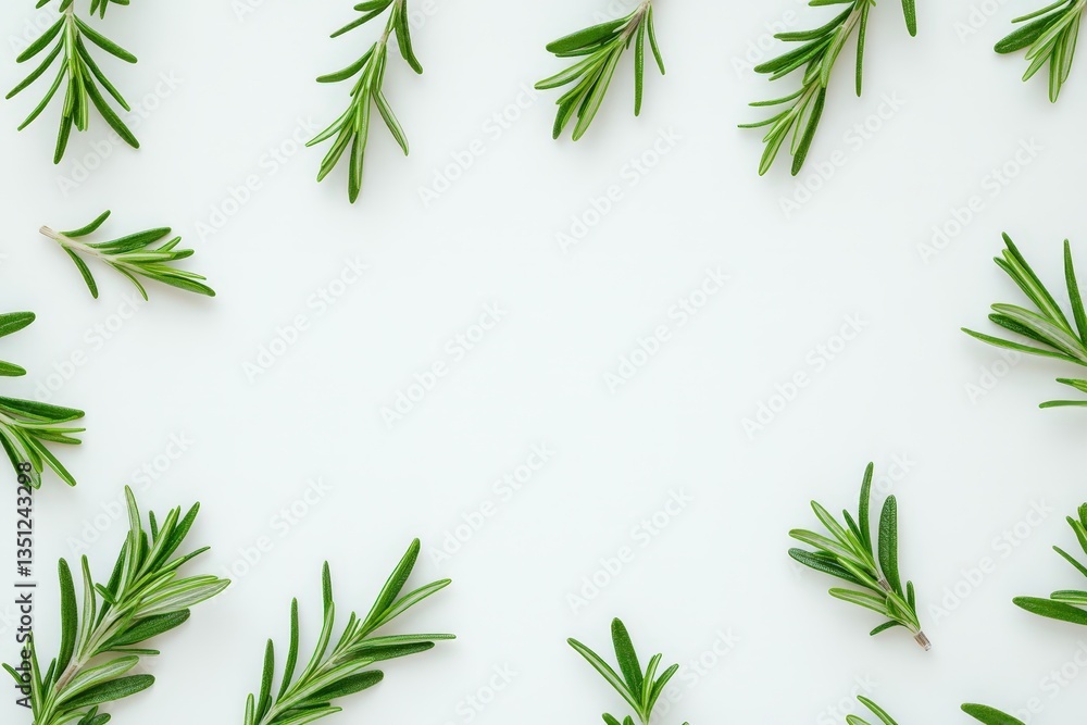 Fresh green rosemary leaves arranged on a light background, creating a natural and aromatic aesthetic. Fresh green rosemary leaves arranged on a light background, creating a natural and aromatic aesthetic.