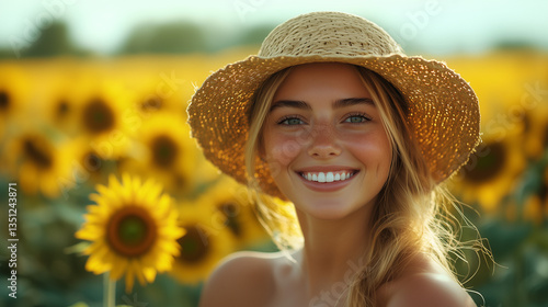  Portrait of a beautiful young woman wearing a straw hat, smiling in a sunflower field during the summer. Close-up portrait of a smiling face.