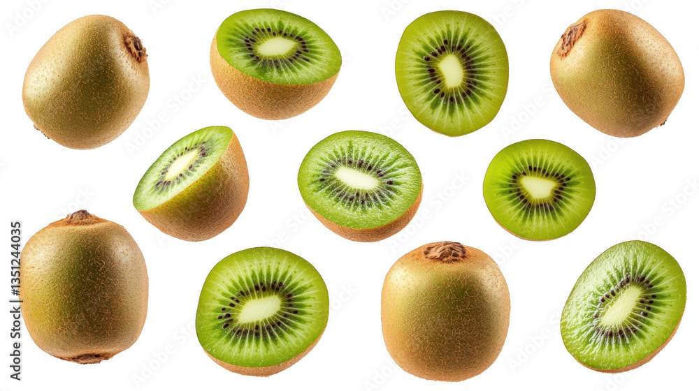 Fototapeta premium Fresh Kiwi Fruit Slices and Whole Kiwis on a White Background