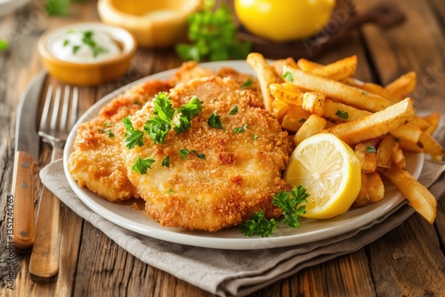 Golden-brown schnitzel served with crispy fries and fresh lemon wedge