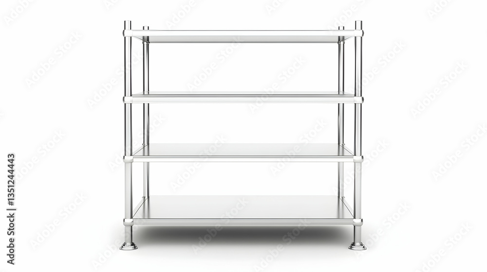 Chrome shelving unit, four shelves, white background, storage solution, ideal for commercial or home use Chrome shelving unit, four shelves, white background, storage solution, ideal for commercial or home use