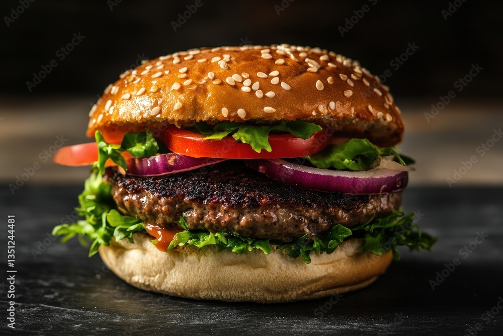 Delicious Hamburger Freshly Prepared with Sesame Seed Topped Bun Delicious Hamburger Freshly Prepared with Sesame Seed Topped Bun