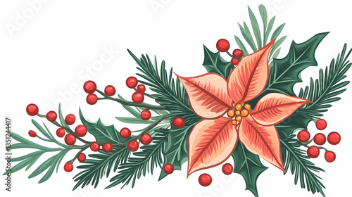 Christmas poinsettia and holly festive arrangement; holiday card design
