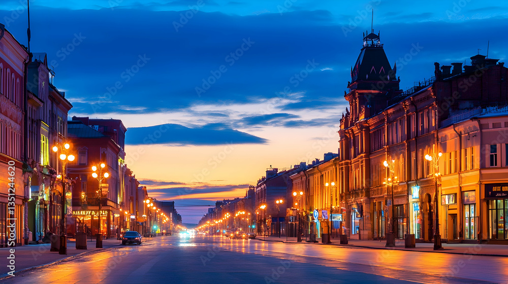 Fototapeta premium City street at dawn, illuminated buildings, calm traffic, winter atmosphere, ideal for travel brochures