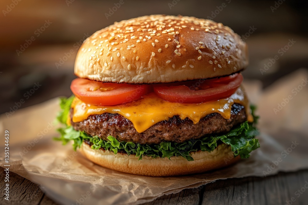 Delicious hamburger featuring sesame seed bun and fresh ingredients Delicious hamburger featuring sesame seed bun and fresh ingredients