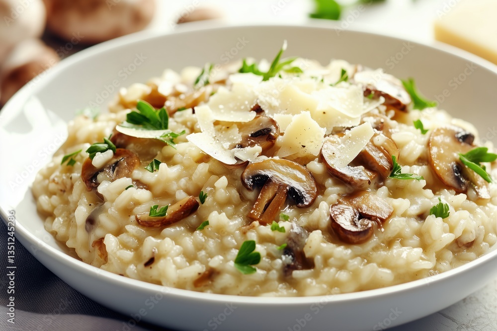 Mushroom risotto plate with fresh parsley and parmesan garnish Mushroom risotto plate with fresh parsley and parmesan garnish