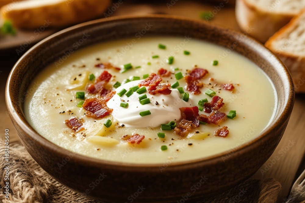Comforting bowl of potato soup served with rustic bread on the side Comforting bowl of potato soup served with rustic bread on the side