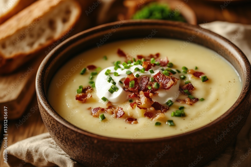 Creamy potato soup with bacon, sour cream and fresh chives Creamy potato soup with bacon, sour cream and fresh chives