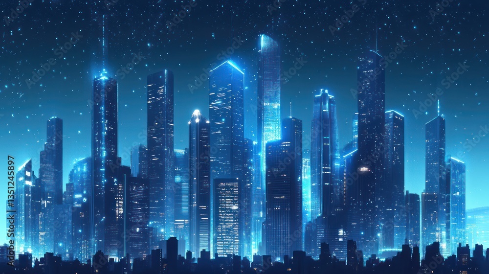 Fototapeta premium Futuristic skyscraper with glass facades reflecting the city skyline.