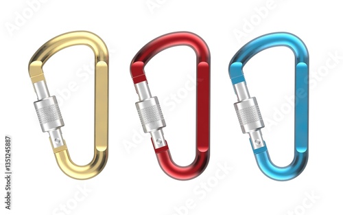 Three colored climbing carabiners. 