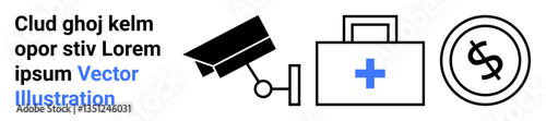 Security camera monitoring, medical kit with cross symbol, and dollar coin emphasizing safety, healthcare, financial stability. Ideal for security, healthcare, finance, insurance risk management