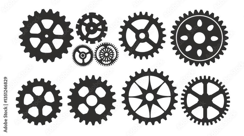 Set of Black Gear Icons with Different Designs Set of Black Gear Icons with Different Designs